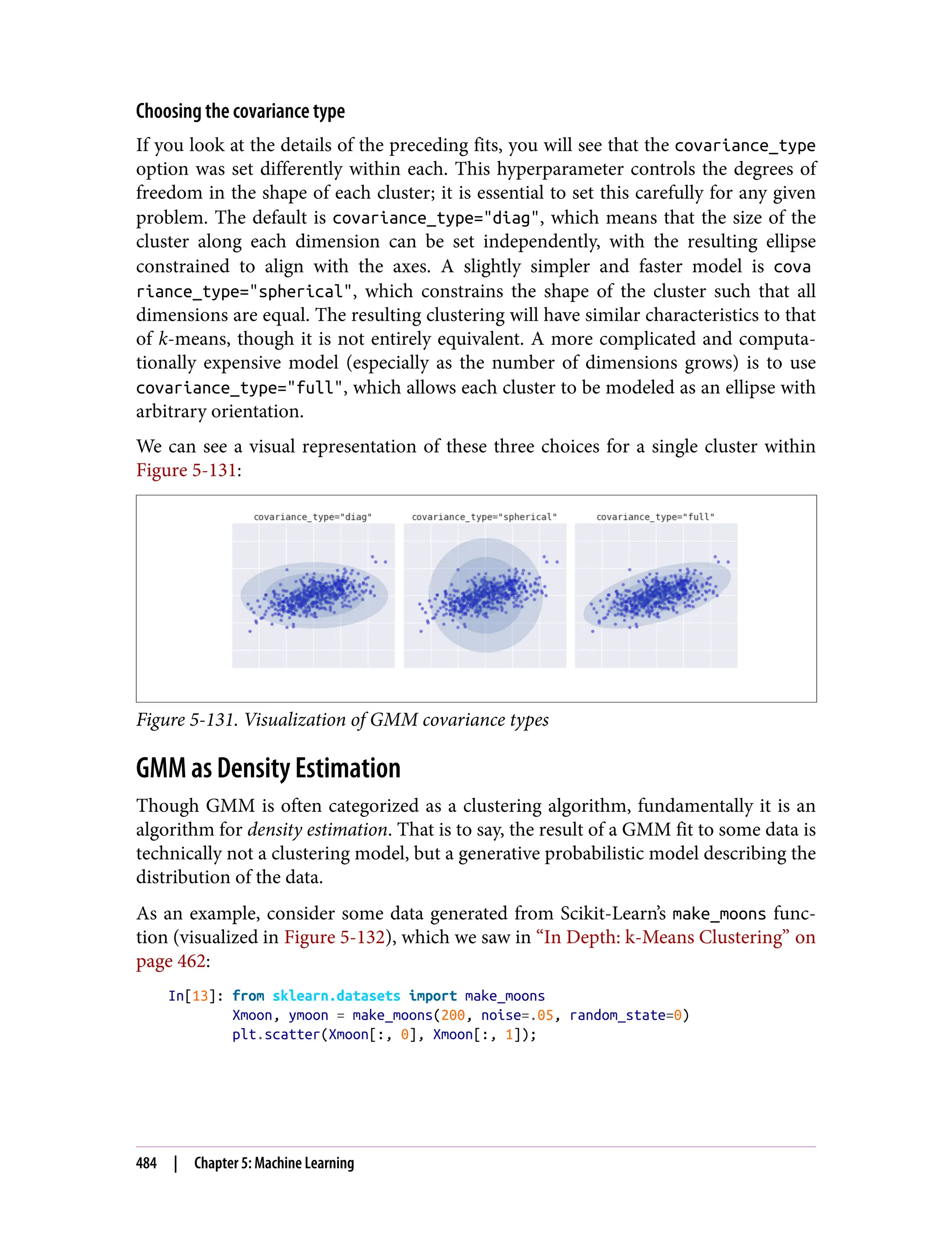 Choosing the covariance type
If you look at the details of the preceding fits, you will see that the covariance_type
option was set differently within each. This hyperparameter controls the degrees of
freedom in the shape of each cluster; it is essential to set this carefully for any given
problem. The default is covariance_type="diag", which means that the size of the
cluster along each dimension can be set independently, with the resulting ellipse
constrained to align with the axes. A slightly simpler and faster model is cova
riance_type="spherical", which constrains the shape of the cluster such that all
dimensions are equal. The resulting clustering will have similar characteristics to that
of k-means, though it is not entirely equivalent. A more complicated and computa‐
tionally expensive model (especially as the number of dimensions grows) is to use
covariance_type="full", which allows each cluster to be modeled as an ellipse with
arbitrary orientation.
We can see a visual representation of these three choices for a single cluster within
Figure 5-131:
Figure 5-131. Visualization of GMM covariance types
GMM as Density Estimation
Though GMM is often categorized as a clustering algorithm, fundamentally it is an
algorithm for density estimation. That is to say, the result of a GMM fit to some data is
technically not a clustering model, but a generative probabilistic model describing the
distribution of the data.
As an example, consider some data generated from Scikit-Learn’s make_moons func‐
tion (visualized in Figure 5-132), which we saw in “In Depth: k-Means Clustering” on
page 462:
In[13]: from sklearn.datasets import make_moons
Xmoon, ymoon = make_moons(200, noise=.05, random_state=0)
plt.scatter(Xmoon[:, 0], Xmoon[:, 1]);
484 | Chapter 5: Machine Learning
 
