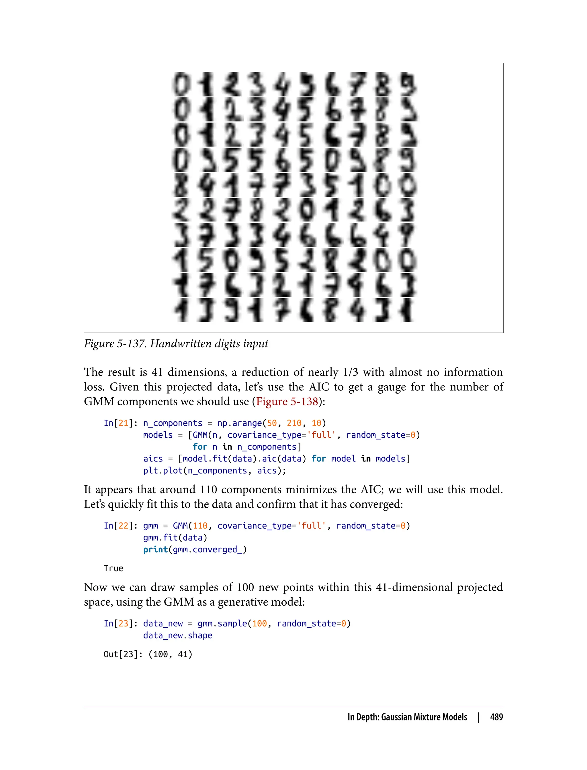 Figure 5-137. Handwritten digits input
The result is 41 dimensions, a reduction of nearly 1/3 with almost no information
loss. Given this projected data, let’s use the AIC to get a gauge for the number of
GMM components we should use (Figure 5-138):
In[21]: n_components = np.arange(50, 210, 10)
models = [GMM(n, covariance_type='full', random_state=0)
for n in n_components]
aics = [model.fit(data).aic(data) for model in models]
plt.plot(n_components, aics);
It appears that around 110 components minimizes the AIC; we will use this model.
Let’s quickly fit this to the data and confirm that it has converged:
In[22]: gmm = GMM(110, covariance_type='full', random_state=0)
gmm.fit(data)
print(gmm.converged_)
True
Now we can draw samples of 100 new points within this 41-dimensional projected
space, using the GMM as a generative model:
In[23]: data_new = gmm.sample(100, random_state=0)
data_new.shape
Out[23]: (100, 41)
In Depth: Gaussian Mixture Models | 489
 