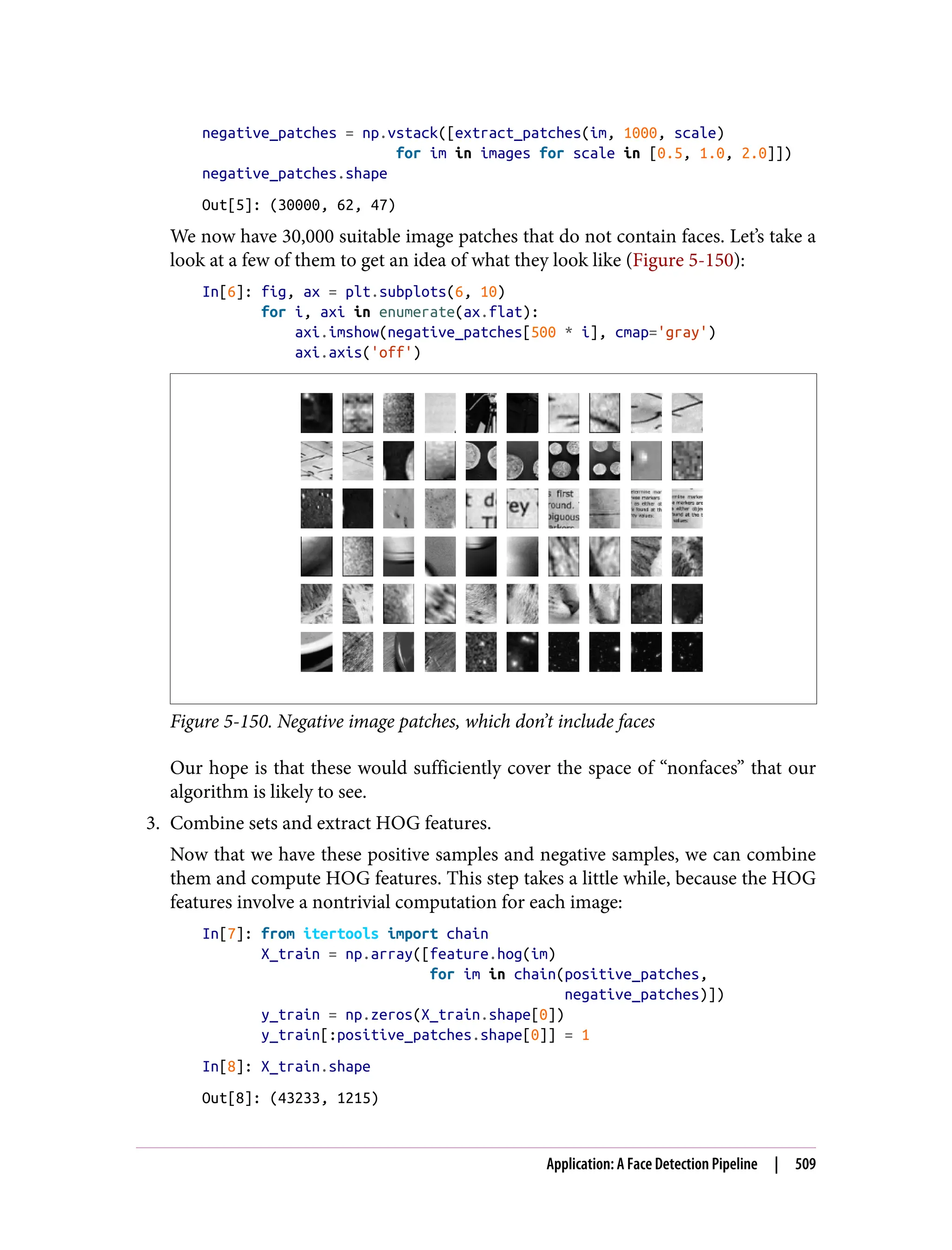 negative_patches = np.vstack([extract_patches(im, 1000, scale)
for im in images for scale in [0.5, 1.0, 2.0]])
negative_patches.shape
Out[5]: (30000, 62, 47)
We now have 30,000 suitable image patches that do not contain faces. Let’s take a
look at a few of them to get an idea of what they look like (Figure 5-150):
In[6]: fig, ax = plt.subplots(6, 10)
for i, axi in enumerate(ax.flat):
axi.imshow(negative_patches[500 * i], cmap='gray')
axi.axis('off')
Figure 5-150. Negative image patches, which don’t include faces
Our hope is that these would sufficiently cover the space of “nonfaces” that our
algorithm is likely to see.
3. Combine sets and extract HOG features.
Now that we have these positive samples and negative samples, we can combine
them and compute HOG features. This step takes a little while, because the HOG
features involve a nontrivial computation for each image:
In[7]: from itertools import chain
X_train = np.array([feature.hog(im)
for im in chain(positive_patches,
negative_patches)])
y_train = np.zeros(X_train.shape[0])
y_train[:positive_patches.shape[0]] = 1
In[8]: X_train.shape
Out[8]: (43233, 1215)
Application: A Face Detection Pipeline | 509
 