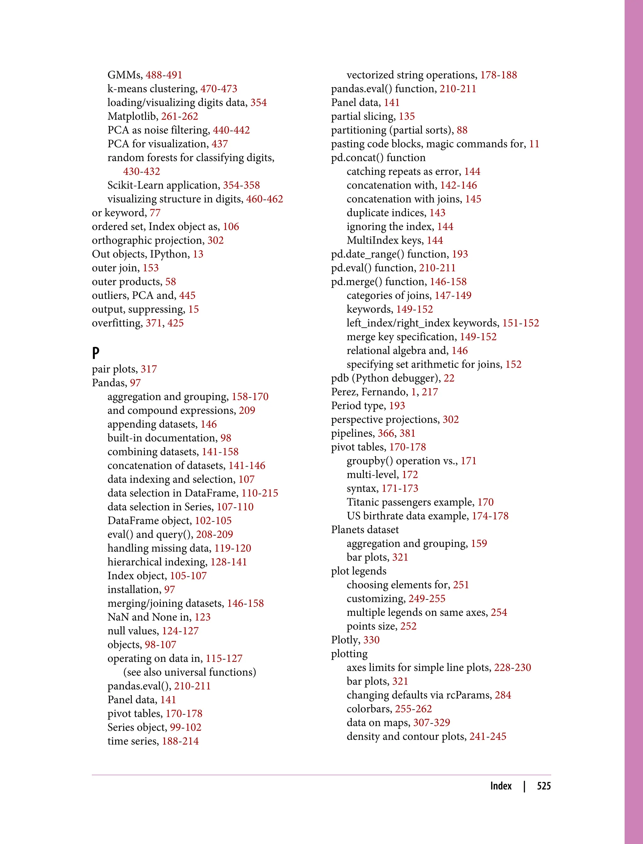 GMMs, 488-491
k-means clustering, 470-473
loading/visualizing digits data, 354
Matplotlib, 261-262
PCA as noise filtering, 440-442
PCA for visualization, 437
random forests for classifying digits,
430-432
Scikit-Learn application, 354-358
visualizing structure in digits, 460-462
or keyword, 77
ordered set, Index object as, 106
orthographic projection, 302
Out objects, IPython, 13
outer join, 153
outer products, 58
outliers, PCA and, 445
output, suppressing, 15
overfitting, 371, 425
P
pair plots, 317
Pandas, 97
aggregation and grouping, 158-170
and compound expressions, 209
appending datasets, 146
built-in documentation, 98
combining datasets, 141-158
concatenation of datasets, 141-146
data indexing and selection, 107
data selection in DataFrame, 110-215
data selection in Series, 107-110
DataFrame object, 102-105
eval() and query(), 208-209
handling missing data, 119-120
hierarchical indexing, 128-141
Index object, 105-107
installation, 97
merging/joining datasets, 146-158
NaN and None in, 123
null values, 124-127
objects, 98-107
operating on data in, 115-127
(see also universal functions)
pandas.eval(), 210-211
Panel data, 141
pivot tables, 170-178
Series object, 99-102
time series, 188-214
vectorized string operations, 178-188
pandas.eval() function, 210-211
Panel data, 141
partial slicing, 135
partitioning (partial sorts), 88
pasting code blocks, magic commands for, 11
pd.concat() function
catching repeats as error, 144
concatenation with, 142-146
concatenation with joins, 145
duplicate indices, 143
ignoring the index, 144
MultiIndex keys, 144
pd.date_range() function, 193
pd.eval() function, 210-211
pd.merge() function, 146-158
categories of joins, 147-149
keywords, 149-152
left_index/right_index keywords, 151-152
merge key specification, 149-152
relational algebra and, 146
specifying set arithmetic for joins, 152
pdb (Python debugger), 22
Perez, Fernando, 1, 217
Period type, 193
perspective projections, 302
pipelines, 366, 381
pivot tables, 170-178
groupby() operation vs., 171
multi-level, 172
syntax, 171-173
Titanic passengers example, 170
US birthrate data example, 174-178
Planets dataset
aggregation and grouping, 159
bar plots, 321
plot legends
choosing elements for, 251
customizing, 249-255
multiple legends on same axes, 254
points size, 252
Plotly, 330
plotting
axes limits for simple line plots, 228-230
bar plots, 321
changing defaults via rcParams, 284
colorbars, 255-262
data on maps, 307-329
density and contour plots, 241-245
Index | 525
 