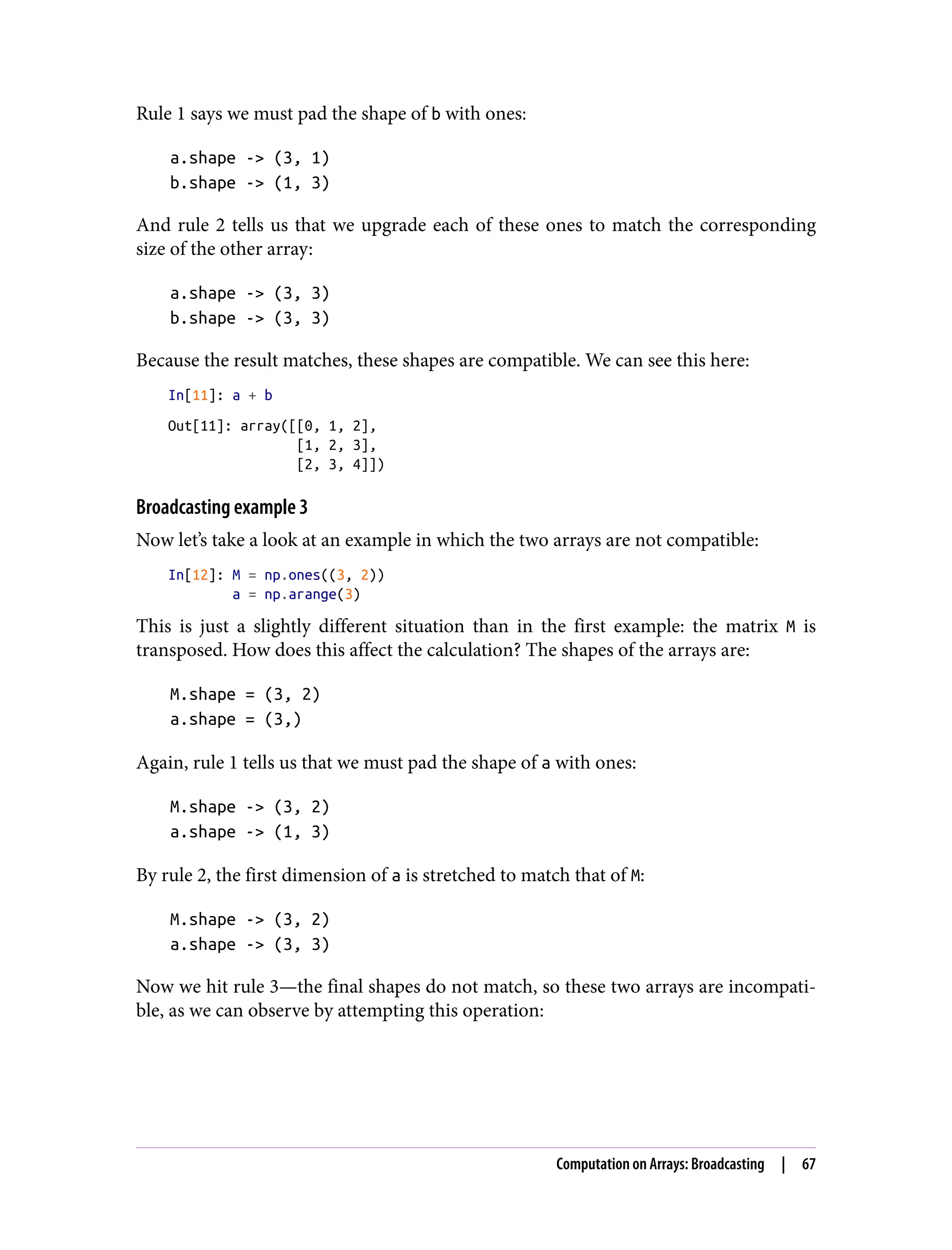 Rule 1 says we must pad the shape of b with ones:
a.shape -> (3, 1)
b.shape -> (1, 3)
And rule 2 tells us that we upgrade each of these ones to match the corresponding
size of the other array:
a.shape -> (3, 3)
b.shape -> (3, 3)
Because the result matches, these shapes are compatible. We can see this here:
In[11]: a + b
Out[11]: array([[0, 1, 2],
[1, 2, 3],
[2, 3, 4]])
Broadcasting example 3
Now let’s take a look at an example in which the two arrays are not compatible:
In[12]: M = np.ones((3, 2))
a = np.arange(3)
This is just a slightly different situation than in the first example: the matrix M is
transposed. How does this affect the calculation? The shapes of the arrays are:
M.shape = (3, 2)
a.shape = (3,)
Again, rule 1 tells us that we must pad the shape of a with ones:
M.shape -> (3, 2)
a.shape -> (1, 3)
By rule 2, the first dimension of a is stretched to match that of M:
M.shape -> (3, 2)
a.shape -> (3, 3)
Now we hit rule 3—the final shapes do not match, so these two arrays are incompati‐
ble, as we can observe by attempting this operation:
Computation on Arrays: Broadcasting | 67
 