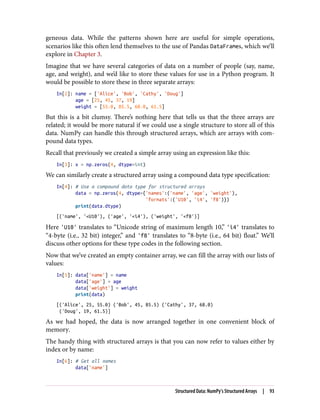 geneous data. While the patterns shown here are useful for simple operations,
scenarios like this often lend themselves to the use of Pandas DataFrames, which we’ll
explore in Chapter 3.
Imagine that we have several categories of data on a number of people (say, name,
age, and weight), and we’d like to store these values for use in a Python program. It
would be possible to store these in three separate arrays:
In[2]: name = ['Alice', 'Bob', 'Cathy', 'Doug']
age = [25, 45, 37, 19]
weight = [55.0, 85.5, 68.0, 61.5]
But this is a bit clumsy. There’s nothing here that tells us that the three arrays are
related; it would be more natural if we could use a single structure to store all of this
data. NumPy can handle this through structured arrays, which are arrays with com‐
pound data types.
Recall that previously we created a simple array using an expression like this:
In[3]: x = np.zeros(4, dtype=int)
We can similarly create a structured array using a compound data type specification:
In[4]: # Use a compound data type for structured arrays
data = np.zeros(4, dtype={'names':('name', 'age', 'weight'),
'formats':('U10', 'i4', 'f8')})
print(data.dtype)
[('name', '<U10'), ('age', '<i4'), ('weight', '<f8')]
Here 'U10' translates to “Unicode string of maximum length 10,” 'i4' translates to
“4-byte (i.e., 32 bit) integer,” and 'f8' translates to “8-byte (i.e., 64 bit) float.” We’ll
discuss other options for these type codes in the following section.
Now that we’ve created an empty container array, we can fill the array with our lists of
values:
In[5]: data['name'] = name
data['age'] = age
data['weight'] = weight
print(data)
[('Alice', 25, 55.0) ('Bob', 45, 85.5) ('Cathy', 37, 68.0)
('Doug', 19, 61.5)]
As we had hoped, the data is now arranged together in one convenient block of
memory.
The handy thing with structured arrays is that you can now refer to values either by
index or by name:
In[6]: # Get all names
data['name']
Structured Data: NumPy’s Structured Arrays | 93
 