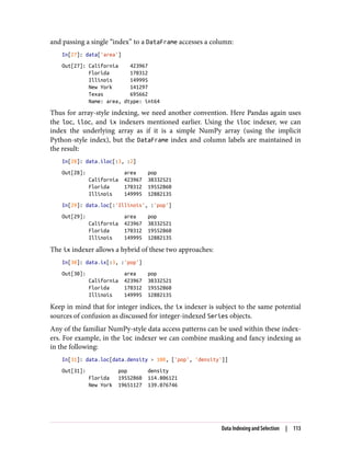 and passing a single “index” to a DataFrame accesses a column:
In[27]: data['area']
Out[27]: California 423967
Florida 170312
Illinois 149995
New York 141297
Texas 695662
Name: area, dtype: int64
Thus for array-style indexing, we need another convention. Here Pandas again uses
the loc, iloc, and ix indexers mentioned earlier. Using the iloc indexer, we can
index the underlying array as if it is a simple NumPy array (using the implicit
Python-style index), but the DataFrame index and column labels are maintained in
the result:
In[28]: data.iloc[:3, :2]
Out[28]: area pop
California 423967 38332521
Florida 170312 19552860
Illinois 149995 12882135
In[29]: data.loc[:'Illinois', :'pop']
Out[29]: area pop
California 423967 38332521
Florida 170312 19552860
Illinois 149995 12882135
The ix indexer allows a hybrid of these two approaches:
In[30]: data.ix[:3, :'pop']
Out[30]: area pop
California 423967 38332521
Florida 170312 19552860
Illinois 149995 12882135
Keep in mind that for integer indices, the ix indexer is subject to the same potential
sources of confusion as discussed for integer-indexed Series objects.
Any of the familiar NumPy-style data access patterns can be used within these index‐
ers. For example, in the loc indexer we can combine masking and fancy indexing as
in the following:
In[31]: data.loc[data.density > 100, ['pop', 'density']]
Out[31]: pop density
Florida 19552860 114.806121
New York 19651127 139.076746
Data Indexing and Selection | 113
 