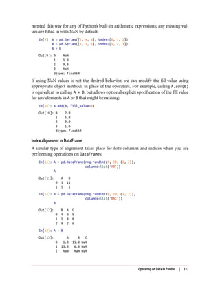 mented this way for any of Python’s built-in arithmetic expressions; any missing val‐
ues are filled in with NaN by default:
In[9]: A = pd.Series([2, 4, 6], index=[0, 1, 2])
B = pd.Series([1, 3, 5], index=[1, 2, 3])
A + B
Out[9]: 0 NaN
1 5.0
2 9.0
3 NaN
dtype: float64
If using NaN values is not the desired behavior, we can modify the fill value using
appropriate object methods in place of the operators. For example, calling A.add(B)
is equivalent to calling A + B, but allows optional explicit specification of the fill value
for any elements in A or B that might be missing:
In[10]: A.add(B, fill_value=0)
Out[10]: 0 2.0
1 5.0
2 9.0
3 5.0
dtype: float64
Index alignment in DataFrame
A similar type of alignment takes place for both columns and indices when you are
performing operations on DataFrames:
In[11]: A = pd.DataFrame(rng.randint(0, 20, (2, 2)),
columns=list('AB'))
A
Out[11]: A B
0 1 11
1 5 1
In[12]: B = pd.DataFrame(rng.randint(0, 10, (3, 3)),
columns=list('BAC'))
B
Out[12]: B A C
0 4 0 9
1 5 8 0
2 9 2 6
In[13]: A + B
Out[13]: A B C
0 1.0 15.0 NaN
1 13.0 6.0 NaN
2 NaN NaN NaN
Operating on Data in Pandas | 117
 