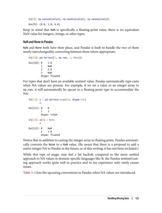 In[9]: np.nansum(vals2), np.nanmin(vals2), np.nanmax(vals2)
Out[9]: (8.0, 1.0, 4.0)
Keep in mind that NaN is specifically a floating-point value; there is no equivalent
NaN value for integers, strings, or other types.
NaN and None in Pandas
NaN and None both have their place, and Pandas is built to handle the two of them
nearly interchangeably, converting between them where appropriate:
In[10]: pd.Series([1, np.nan, 2, None])
Out[10]: 0 1.0
1 NaN
2 2.0
3 NaN
dtype: float64
For types that don’t have an available sentinel value, Pandas automatically type-casts
when NA values are present. For example, if we set a value in an integer array to
np.nan, it will automatically be upcast to a floating-point type to accommodate the
NA:
In[11]: x = pd.Series(range(2), dtype=int)
x
Out[11]: 0 0
1 1
dtype: int64
In[12]: x[0] = None
x
Out[12]: 0 NaN
1 1.0
dtype: float64
Notice that in addition to casting the integer array to floating point, Pandas automati‐
cally converts the None to a NaN value. (Be aware that there is a proposal to add a
native integer NA to Pandas in the future; as of this writing, it has not been included.)
While this type of magic may feel a bit hackish compared to the more unified
approach to NA values in domain-specific languages like R, the Pandas sentinel/cast‐
ing approach works quite well in practice and in my experience only rarely causes
issues.
Table 3-2 lists the upcasting conventions in Pandas when NA values are introduced.
Handling Missing Data | 123
 