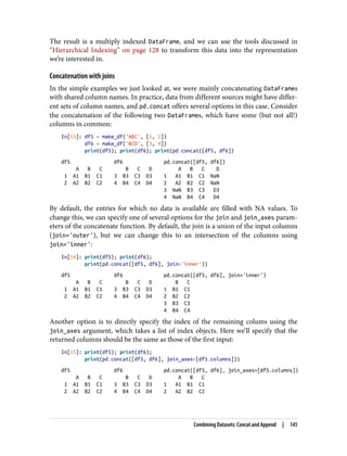 The result is a multiply indexed DataFrame, and we can use the tools discussed in
“Hierarchical Indexing” on page 128 to transform this data into the representation
we’re interested in.
Concatenation with joins
In the simple examples we just looked at, we were mainly concatenating DataFrames
with shared column names. In practice, data from different sources might have differ‐
ent sets of column names, and pd.concat offers several options in this case. Consider
the concatenation of the following two DataFrames, which have some (but not all!)
columns in common:
In[13]: df5 = make_df('ABC', [1, 2])
df6 = make_df('BCD', [3, 4])
print(df5); print(df6); print(pd.concat([df5, df6])
df5 df6 pd.concat([df5, df6])
A B C B C D A B C D
1 A1 B1 C1 3 B3 C3 D3 1 A1 B1 C1 NaN
2 A2 B2 C2 4 B4 C4 D4 2 A2 B2 C2 NaN
3 NaN B3 C3 D3
4 NaN B4 C4 D4
By default, the entries for which no data is available are filled with NA values. To
change this, we can specify one of several options for the join and join_axes param‐
eters of the concatenate function. By default, the join is a union of the input columns
(join='outer'), but we can change this to an intersection of the columns using
join='inner':
In[14]: print(df5); print(df6);
print(pd.concat([df5, df6], join='inner'))
df5 df6 pd.concat([df5, df6], join='inner')
A B C B C D B C
1 A1 B1 C1 3 B3 C3 D3 1 B1 C1
2 A2 B2 C2 4 B4 C4 D4 2 B2 C2
3 B3 C3
4 B4 C4
Another option is to directly specify the index of the remaining colums using the
join_axes argument, which takes a list of index objects. Here we’ll specify that the
returned columns should be the same as those of the first input:
In[15]: print(df5); print(df6);
print(pd.concat([df5, df6], join_axes=[df5.columns]))
df5 df6 pd.concat([df5, df6], join_axes=[df5.columns])
A B C B C D A B C
1 A1 B1 C1 3 B3 C3 D3 1 A1 B1 C1
2 A2 B2 C2 4 B4 C4 D4 2 A2 B2 C2
Combining Datasets: Concat and Append | 145
 