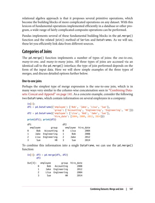 relational algebra approach is that it proposes several primitive operations, which
become the building blocks of more complicated operations on any dataset. With this
lexicon of fundamental operations implemented efficiently in a database or other pro‐
gram, a wide range of fairly complicated composite operations can be performed.
Pandas implements several of these fundamental building blocks in the pd.merge()
function and the related join() method of Series and DataFrames. As we will see,
these let you efficiently link data from different sources.
Categories of Joins
The pd.merge() function implements a number of types of joins: the one-to-one,
many-to-one, and many-to-many joins. All three types of joins are accessed via an
identical call to the pd.merge() interface; the type of join performed depends on the
form of the input data. Here we will show simple examples of the three types of
merges, and discuss detailed options further below.
One-to-one joins
Perhaps the simplest type of merge expression is the one-to-one join, which is in
many ways very similar to the column-wise concatenation seen in “Combining Data‐
sets: Concat and Append” on page 141. As a concrete example, consider the following
two DataFrames, which contain information on several employees in a company:
In[2]:
df1 = pd.DataFrame({'employee': ['Bob', 'Jake', 'Lisa', 'Sue'],
'group': ['Accounting', 'Engineering', 'Engineering', 'HR']})
df2 = pd.DataFrame({'employee': ['Lisa', 'Bob', 'Jake', 'Sue'],
'hire_date': [2004, 2008, 2012, 2014]})
print(df1); print(df2)
df1 df2
employee group employee hire_date
0 Bob Accounting 0 Lisa 2004
1 Jake Engineering 1 Bob 2008
2 Lisa Engineering 2 Jake 2012
3 Sue HR 3 Sue 2014
To combine this information into a single DataFrame, we can use the pd.merge()
function:
In[3]: df3 = pd.merge(df1, df2)
df3
Out[3]: employee group hire_date
0 Bob Accounting 2008
1 Jake Engineering 2012
2 Lisa Engineering 2004
3 Sue HR 2014
Combining Datasets: Merge and Join | 147
 