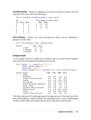 Any Python function. Similar to mapping, you can pass any Python function that will
input the index value and output the group:
In[28]: print(df2); print(df2.groupby(str.lower).mean())
df2 df2.groupby(str.lower).mean()
key data1 data2 data1 data2
A 0 5 a 1.5 4.0
B 1 0 b 2.5 3.5
C 2 3 c 3.5 6.0
A 3 3
B 4 7
C 5 9
A list of valid keys. Further, any of the preceding key choices can be combined to
group on a multi-index:
In[29]: df2.groupby([str.lower, mapping]).mean()
Out[29]: data1 data2
a vowel 1.5 4.0
b consonant 2.5 3.5
c consonant 3.5 6.0
Grouping example
As an example of this, in a couple lines of Python code we can put all these together
and count discovered planets by method and by decade:
In[30]: decade = 10 * (planets['year'] // 10)
decade = decade.astype(str) + 's'
decade.name = 'decade'
planets.groupby(['method', decade])['number'].sum().unstack().fillna(0)
Out[30]: decade 1980s 1990s 2000s 2010s
method
Astrometry 0.0 0.0 0.0 2.0
Eclipse Timing Variations 0.0 0.0 5.0 10.0
Imaging 0.0 0.0 29.0 21.0
Microlensing 0.0 0.0 12.0 15.0
Orbital Brightness Modulation 0.0 0.0 0.0 5.0
Pulsar Timing 0.0 9.0 1.0 1.0
Pulsation Timing Variations 0.0 0.0 1.0 0.0
Radial Velocity 1.0 52.0 475.0 424.0
Transit 0.0 0.0 64.0 712.0
Transit Timing Variations 0.0 0.0 0.0 9.0
This shows the power of combining many of the operations we’ve discussed up to this
point when looking at realistic datasets. We immediately gain a coarse understanding
of when and how planets have been discovered over the past several decades!
Aggregation and Grouping | 169
 