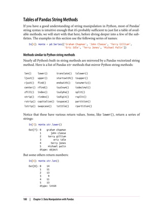Tables of Pandas String Methods
If you have a good understanding of string manipulation in Python, most of Pandas’
string syntax is intuitive enough that it’s probably sufficient to just list a table of avail‐
able methods; we will start with that here, before diving deeper into a few of the sub‐
tleties. The examples in this section use the following series of names:
In[6]: monte = pd.Series(['Graham Chapman', 'John Cleese', 'Terry Gilliam',
'Eric Idle', 'Terry Jones', 'Michael Palin'])
Methods similar to Python string methods
Nearly all Python’s built-in string methods are mirrored by a Pandas vectorized string
method. Here is a list of Pandas str methods that mirror Python string methods:
len() lower() translate() islower()
ljust() upper() startswith() isupper()
rjust() find() endswith() isnumeric()
center() rfind() isalnum() isdecimal()
zfill() index() isalpha() split()
strip() rindex() isdigit() rsplit()
rstrip() capitalize() isspace() partition()
lstrip() swapcase() istitle() rpartition()
Notice that these have various return values. Some, like lower(), return a series of
strings:
In[7]: monte.str.lower()
Out[7]: 0 graham chapman
1 john cleese
2 terry gilliam
3 eric idle
4 terry jones
5 michael palin
dtype: object
But some others return numbers:
In[8]: monte.str.len()
Out[8]: 0 14
1 11
2 13
3 9
4 11
5 13
dtype: int64
180 | Chapter 3: Data Manipulation with Pandas
 