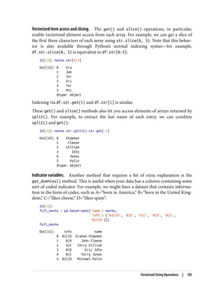 Vectorized item access and slicing. The get() and slice() operations, in particular,
enable vectorized element access from each array. For example, we can get a slice of
the first three characters of each array using str.slice(0, 3). Note that this behav‐
ior is also available through Python’s normal indexing syntax—for example,
df.str.slice(0, 3) is equivalent to df.str[0:3]:
In[13]: monte.str[0:3]
Out[13]: 0 Gra
1 Joh
2 Ter
3 Eri
4 Ter
5 Mic
dtype: object
Indexing via df.str.get(i) and df.str[i] is similar.
These get() and slice() methods also let you access elements of arrays returned by
split(). For example, to extract the last name of each entry, we can combine
split() and get():
In[14]: monte.str.split().str.get(-1)
Out[14]: 0 Chapman
1 Cleese
2 Gilliam
3 Idle
4 Jones
5 Palin
dtype: object
Indicator variables. Another method that requires a bit of extra explanation is the
get_dummies() method. This is useful when your data has a column containing some
sort of coded indicator. For example, we might have a dataset that contains informa‐
tion in the form of codes, such as A=“born in America,” B=“born in the United King‐
dom,” C=“likes cheese,” D=“likes spam”:
In[15]:
full_monte = pd.DataFrame({'name': monte,
'info': ['B|C|D', 'B|D', 'A|C', 'B|D', 'B|C',
'B|C|D']})
full_monte
Out[15]: info name
0 B|C|D Graham Chapman
1 B|D John Cleese
2 A|C Terry Gilliam
3 B|D Eric Idle
4 B|C Terry Jones
5 B|C|D Michael Palin
Vectorized String Operations | 183
 