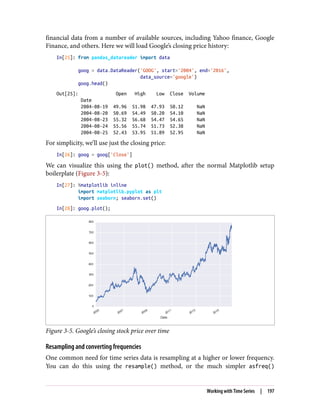 financial data from a number of available sources, including Yahoo finance, Google
Finance, and others. Here we will load Google’s closing price history:
In[25]: from pandas_datareader import data
goog = data.DataReader('GOOG', start='2004', end='2016',
data_source='google')
goog.head()
Out[25]: Open High Low Close Volume
Date
2004-08-19 49.96 51.98 47.93 50.12 NaN
2004-08-20 50.69 54.49 50.20 54.10 NaN
2004-08-23 55.32 56.68 54.47 54.65 NaN
2004-08-24 55.56 55.74 51.73 52.38 NaN
2004-08-25 52.43 53.95 51.89 52.95 NaN
For simplicity, we’ll use just the closing price:
In[26]: goog = goog['Close']
We can visualize this using the plot() method, after the normal Matplotlib setup
boilerplate (Figure 3-5):
In[27]: %matplotlib inline
import matplotlib.pyplot as plt
import seaborn; seaborn.set()
In[28]: goog.plot();
Figure 3-5. Google’s closing stock price over time
Resampling and converting frequencies
One common need for time series data is resampling at a higher or lower frequency.
You can do this using the resample() method, or the much simpler asfreq()
Working with Time Series | 197
 