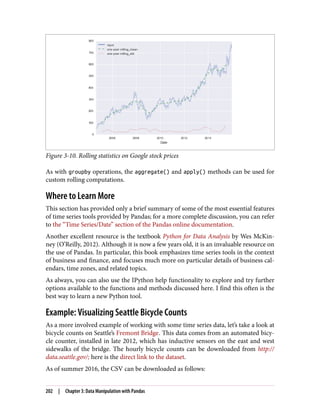 Figure 3-10. Rolling statistics on Google stock prices
As with groupby operations, the aggregate() and apply() methods can be used for
custom rolling computations.
Where to Learn More
This section has provided only a brief summary of some of the most essential features
of time series tools provided by Pandas; for a more complete discussion, you can refer
to the “Time Series/Date” section of the Pandas online documentation.
Another excellent resource is the textbook Python for Data Analysis by Wes McKin‐
ney (O’Reilly, 2012). Although it is now a few years old, it is an invaluable resource on
the use of Pandas. In particular, this book emphasizes time series tools in the context
of business and finance, and focuses much more on particular details of business cal‐
endars, time zones, and related topics.
As always, you can also use the IPython help functionality to explore and try further
options available to the functions and methods discussed here. I find this often is the
best way to learn a new Python tool.
Example: Visualizing Seattle Bicycle Counts
As a more involved example of working with some time series data, let’s take a look at
bicycle counts on Seattle’s Fremont Bridge. This data comes from an automated bicy‐
cle counter, installed in late 2012, which has inductive sensors on the east and west
sidewalks of the bridge. The hourly bicycle counts can be downloaded from http://
data.seattle.gov/; here is the direct link to the dataset.
As of summer 2016, the CSV can be downloaded as follows:
202 | Chapter 3: Data Manipulation with Pandas
 