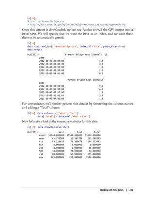 In[34]:
# !curl -o FremontBridge.csv
# https://data.seattle.gov/api/views/65db-xm6k/rows.csv?accessType=DOWNLOAD
Once this dataset is downloaded, we can use Pandas to read the CSV output into a
DataFrame. We will specify that we want the Date as an index, and we want these
dates to be automatically parsed:
In[35]:
data = pd.read_csv('FremontBridge.csv', index_col='Date', parse_dates=True)
data.head()
Out[35]: Fremont Bridge West Sidewalk 
Date
2012-10-03 00:00:00 4.0
2012-10-03 01:00:00 4.0
2012-10-03 02:00:00 1.0
2012-10-03 03:00:00 2.0
2012-10-03 04:00:00 6.0
Fremont Bridge East Sidewalk
Date
2012-10-03 00:00:00 9.0
2012-10-03 01:00:00 6.0
2012-10-03 02:00:00 1.0
2012-10-03 03:00:00 3.0
2012-10-03 04:00:00 1.0
For convenience, we’ll further process this dataset by shortening the column names
and adding a “Total” column:
In[36]: data.columns = ['West', 'East']
data['Total'] = data.eval('West + East')
Now let’s take a look at the summary statistics for this data:
In[37]: data.dropna().describe()
Out[37]: West East Total
count 33544.000000 33544.000000 33544.000000
mean 61.726568 53.541706 115.268275
std 83.210813 76.380678 144.773983
min 0.000000 0.000000 0.000000
25% 8.000000 7.000000 16.000000
50% 33.000000 28.000000 64.000000
75% 80.000000 66.000000 151.000000
max 825.000000 717.000000 1186.000000
Working with Time Series | 203
 