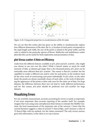 Figure 4-26. Using point properties to encode features of the Iris data
We can see that this scatter plot has given us the ability to simultaneously explore
four different dimensions of the data: the (x, y) location of each point corresponds to
the sepal length and width, the size of the point is related to the petal width, and the
color is related to the particular species of flower. Multicolor and multifeature scatter
plots like this can be useful for both exploration and presentation of data.
plot Versus scatter: A Note on Efficiency
Aside from the different features available in plt.plot and plt.scatter, why might
you choose to use one over the other? While it doesn’t matter as much for small
amounts of data, as datasets get larger than a few thousand points, plt.plot can be
noticeably more efficient than plt.scatter. The reason is that plt.scatter has the
capability to render a different size and/or color for each point, so the renderer must
do the extra work of constructing each point individually. In plt.plot, on the other
hand, the points are always essentially clones of each other, so the work of determin‐
ing the appearance of the points is done only once for the entire set of data. For large
datasets, the difference between these two can lead to vastly different performance,
and for this reason, plt.plot should be preferred over plt.scatter for large
datasets.
Visualizing Errors
For any scientific measurement, accurate accounting for errors is nearly as important,
if not more important, than accurate reporting of the number itself. For example,
imagine that I am using some astrophysical observations to estimate the Hubble Con‐
stant, the local measurement of the expansion rate of the universe. I know that the
current literature suggests a value of around 71 (km/s)/Mpc, and I measure a value of
74 (km/s)/Mpc with my method. Are the values consistent? The only correct answer,
given this information, is this: there is no way to know.
Visualizing Errors | 237
 
