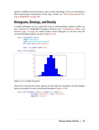 options available in these functions, refer to their docstrings. If you are interested in
three-dimensional visualizations of this type of data, see “Three-Dimensional Plot‐
ting in Matplotlib” on page 290.
Histograms, Binnings, and Density
A simple histogram can be a great first step in understanding a dataset. Earlier, we
saw a preview of Matplotlib’s histogram function (see “Comparisons, Masks, and
Boolean Logic” on page 70), which creates a basic histogram in one line, once the
normal boilerplate imports are done (Figure 4-35):
In[1]: %matplotlib inline
import numpy as np
import matplotlib.pyplot as plt
plt.style.use('seaborn-white')
data = np.random.randn(1000)
In[2]: plt.hist(data);
Figure 4-35. A simple histogram
The hist() function has many options to tune both the calculation and the display;
here’s an example of a more customized histogram (Figure 4-36):
In[3]: plt.hist(data, bins=30, normed=True, alpha=0.5,
histtype='stepfilled', color='steelblue',
edgecolor='none');
Histograms, Binnings, and Density | 245
 