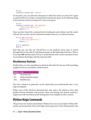 In [1]:
(reverse-i-search)`sqa': square??
At any point, you can add more characters to refine the search, or press Ctrl-r again
to search further for another command that matches the query. If you followed along
in the previous section, pressing Ctrl-r twice more gives:
In [1]:
(reverse-i-search)`sqa': def square(a):
"""Return the square of a"""
return a ** 2
Once you have found the command you’re looking for, press Return and the search
will end. We can then use the retrieved command, and carry on with our session:
In [1]: def square(a):
"""Return the square of a"""
return a ** 2
In [2]: square(2)
Out[2]: 4
Note that you can also use Ctrl-p/Ctrl-n or the up/down arrow keys to search
through history, but only by matching characters at the beginning of the line. That is,
if you type def and then press Ctrl-p, it would find the most recent command (if any)
in your history that begins with the characters def.
Miscellaneous Shortcuts
Finally, there are a few miscellaneous shortcuts that don’t fit into any of the preceding
categories, but are nevertheless useful to know:
Keystroke Action
Ctrl-l Clear terminal screen
Ctrl-c Interrupt current Python command
Ctrl-d Exit IPython session
The Ctrl-c shortcut in particular can be useful when you inadvertently start a very
long-running job.
While some of the shortcuts discussed here may seem a bit tedious at first, they
quickly become automatic with practice. Once you develop that muscle memory, I
suspect you will even find yourself wishing they were available in other contexts.
IPython Magic Commands
The previous two sections showed how IPython lets you use and explore Python effi‐
ciently and interactively. Here we’ll begin discussing some of the enhancements that
10 | Chapter 1: IPython: Beyond Normal Python
 
