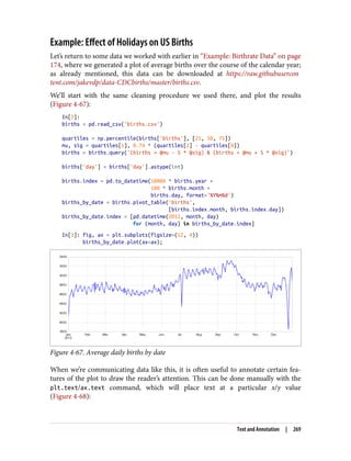 Example: Effect of Holidays on US Births
Let’s return to some data we worked with earlier in “Example: Birthrate Data” on page
174, where we generated a plot of average births over the course of the calendar year;
as already mentioned, this data can be downloaded at https://raw.githubusercon
tent.com/jakevdp/data-CDCbirths/master/births.csv.
We’ll start with the same cleaning procedure we used there, and plot the results
(Figure 4-67):
In[2]:
births = pd.read_csv('births.csv')
quartiles = np.percentile(births['births'], [25, 50, 75])
mu, sig = quartiles[1], 0.74 * (quartiles[2] - quartiles[0])
births = births.query('(births > @mu - 5 * @sig) & (births < @mu + 5 * @sig)')
births['day'] = births['day'].astype(int)
births.index = pd.to_datetime(10000 * births.year +
100 * births.month +
births.day, format='%Y%m%d')
births_by_date = births.pivot_table('births',
[births.index.month, births.index.day])
births_by_date.index = [pd.datetime(2012, month, day)
for (month, day) in births_by_date.index]
In[3]: fig, ax = plt.subplots(figsize=(12, 4))
births_by_date.plot(ax=ax);
Figure 4-67. Average daily births by date
When we’re communicating data like this, it is often useful to annotate certain fea‐
tures of the plot to draw the reader’s attention. This can be done manually with the
plt.text/ax.text command, which will place text at a particular x/y value
(Figure 4-68):
Text and Annotation | 269
 