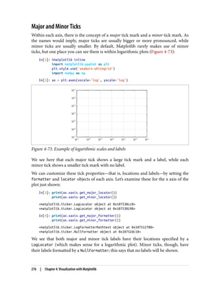 Major and Minor Ticks
Within each axis, there is the concept of a major tick mark and a minor tick mark. As
the names would imply, major ticks are usually bigger or more pronounced, while
minor ticks are usually smaller. By default, Matplotlib rarely makes use of minor
ticks, but one place you can see them is within logarithmic plots (Figure 4-73):
In[1]: %matplotlib inline
import matplotlib.pyplot as plt
plt.style.use('seaborn-whitegrid')
import numpy as np
In[2]: ax = plt.axes(xscale='log', yscale='log')
Figure 4-73. Example of logarithmic scales and labels
We see here that each major tick shows a large tick mark and a label, while each
minor tick shows a smaller tick mark with no label.
We can customize these tick properties—that is, locations and labels—by setting the
formatter and locator objects of each axis. Let’s examine these for the x axis of the
plot just shown:
In[3]: print(ax.xaxis.get_major_locator())
print(ax.xaxis.get_minor_locator())
<matplotlib.ticker.LogLocator object at 0x107530cc0>
<matplotlib.ticker.LogLocator object at 0x107530198>
In[4]: print(ax.xaxis.get_major_formatter())
print(ax.xaxis.get_minor_formatter())
<matplotlib.ticker.LogFormatterMathtext object at 0x107512780>
<matplotlib.ticker.NullFormatter object at 0x10752dc18>
We see that both major and minor tick labels have their locations specified by a
LogLocator (which makes sense for a logarithmic plot). Minor ticks, though, have
their labels formatted by a NullFormatter; this says that no labels will be shown.
276 | Chapter 4: Visualization with Matplotlib
 