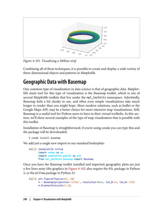 Figure 4-101. Visualizing a Möbius strip
Combining all of these techniques, it is possible to create and display a wide variety of
three-dimensional objects and patterns in Matplotlib.
Geographic Data with Basemap
One common type of visualization in data science is that of geographic data. Matplot‐
lib’s main tool for this type of visualization is the Basemap toolkit, which is one of
several Matplotlib toolkits that live under the mpl_toolkits namespace. Admittedly,
Basemap feels a bit clunky to use, and often even simple visualizations take much
longer to render than you might hope. More modern solutions, such as leaflet or the
Google Maps API, may be a better choice for more intensive map visualizations. Still,
Basemap is a useful tool for Python users to have in their virtual toolbelts. In this sec‐
tion, we’ll show several examples of the type of map visualization that is possible with
this toolkit.
Installation of Basemap is straightforward; if you’re using conda you can type this and
the package will be downloaded:
$ conda install basemap
We add just a single new import to our standard boilerplate:
In[1]: %matplotlib inline
import numpy as np
import matplotlib.pyplot as plt
from mpl_toolkits.basemap import Basemap
Once you have the Basemap toolkit installed and imported, geographic plots are just
a few lines away (the graphics in Figure 4-102 also require the PIL package in Python
2, or the pillow package in Python 3):
In[2]: plt.figure(figsize=(8, 8))
m = Basemap(projection='ortho', resolution=None, lat_0=50, lon_0=-100)
m.bluemarble(scale=0.5);
298 | Chapter 4: Visualization with Matplotlib
 