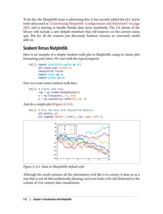 To be fair, the Matplotlib team is addressing this: it has recently added the plt.style
tools (discussed in “Customizing Matplotlib: Configurations and Stylesheets” on page
282), and is starting to handle Pandas data more seamlessly. The 2.0 release of the
library will include a new default stylesheet that will improve on the current status
quo. But for all the reasons just discussed, Seaborn remains an extremely useful
add-on.
Seaborn Versus Matplotlib
Here is an example of a simple random-walk plot in Matplotlib, using its classic plot
formatting and colors. We start with the typical imports:
In[1]: import matplotlib.pyplot as plt
plt.style.use('classic')
%matplotlib inline
import numpy as np
import pandas as pd
Now we create some random walk data:
In[2]: # Create some data
rng = np.random.RandomState(0)
x = np.linspace(0, 10, 500)
y = np.cumsum(rng.randn(500, 6), 0)
And do a simple plot (Figure 4-111):
In[3]: # Plot the data with Matplotlib defaults
plt.plot(x, y)
plt.legend('ABCDEF', ncol=2, loc='upper left');
Figure 4-111. Data in Matplotlib’s default style
Although the result contains all the information we’d like it to convey, it does so in a
way that is not all that aesthetically pleasing, and even looks a bit old-fashioned in the
context of 21st-century data visualization.
312 | Chapter 4: Visualization with Matplotlib
 