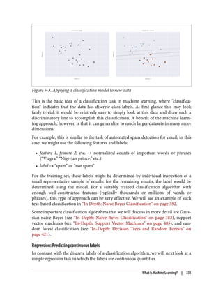 Figure 5-3. Applying a classification model to new data
This is the basic idea of a classification task in machine learning, where “classifica‐
tion” indicates that the data has discrete class labels. At first glance this may look
fairly trivial: it would be relatively easy to simply look at this data and draw such a
discriminatory line to accomplish this classification. A benefit of the machine learn‐
ing approach, however, is that it can generalize to much larger datasets in many more
dimensions.
For example, this is similar to the task of automated spam detection for email; in this
case, we might use the following features and labels:
• feature 1, feature 2, etc. normalized counts of important words or phrases
(“Viagra,” “Nigerian prince,” etc.)
• label “spam” or “not spam”
For the training set, these labels might be determined by individual inspection of a
small representative sample of emails; for the remaining emails, the label would be
determined using the model. For a suitably trained classification algorithm with
enough well-constructed features (typically thousands or millions of words or
phrases), this type of approach can be very effective. We will see an example of such
text-based classification in “In Depth: Naive Bayes Classification” on page 382.
Some important classification algorithms that we will discuss in more detail are Gaus‐
sian naive Bayes (see “In Depth: Naive Bayes Classification” on page 382), support
vector machines (see “In-Depth: Support Vector Machines” on page 405), and ran‐
dom forest classification (see “In-Depth: Decision Trees and Random Forests” on
page 421).
Regression: Predicting continuous labels
In contrast with the discrete labels of a classification algorithm, we will next look at a
simple regression task in which the labels are continuous quantities.
What Is Machine Learning? | 335
 