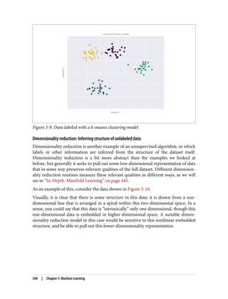 Figure 5-9. Data labeled with a k-means clustering model
Dimensionality reduction: Inferring structure of unlabeled data
Dimensionality reduction is another example of an unsupervised algorithm, in which
labels or other information are inferred from the structure of the dataset itself.
Dimensionality reduction is a bit more abstract than the examples we looked at
before, but generally it seeks to pull out some low-dimensional representation of data
that in some way preserves relevant qualities of the full dataset. Different dimension‐
ality reduction routines measure these relevant qualities in different ways, as we will
see in “In-Depth: Manifold Learning” on page 445.
As an example of this, consider the data shown in Figure 5-10.
Visually, it is clear that there is some structure in this data: it is drawn from a one-
dimensional line that is arranged in a spiral within this two-dimensional space. In a
sense, you could say that this data is “intrinsically” only one dimensional, though this
one-dimensional data is embedded in higher-dimensional space. A suitable dimen‐
sionality reduction model in this case would be sensitive to this nonlinear embedded
structure, and be able to pull out this lower-dimensionality representation.
340 | Chapter 5: Machine Learning
 