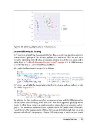 Figure 5-16. The Iris data projected to two dimensions
Unsupervised learning: Iris clustering
Let’s next look at applying clustering to the Iris data. A clustering algorithm attempts
to find distinct groups of data without reference to any labels. Here we will use a
powerful clustering method called a Gaussian mixture model (GMM), discussed in
more detail in “In Depth: Gaussian Mixture Models” on page 476. A GMM attempts
to model the data as a collection of Gaussian blobs.
We can fit the Gaussian mixture model as follows:
In[20]:
from sklearn.mixture import GMM # 1. Choose the model class
model = GMM(n_components=3,
covariance_type='full') # 2. Instantiate the model w/ hyperparameters
model.fit(X_iris) # 3. Fit to data. Notice y is not specified!
y_gmm = model.predict(X_iris) # 4. Determine cluster labels
As before, we will add the cluster label to the Iris DataFrame and use Seaborn to plot
the results (Figure 5-17):
In[21]:
iris['cluster'] = y_gmm
sns.lmplot("PCA1", "PCA2", data=iris, hue='species',
col='cluster', fit_reg=False);
By splitting the data by cluster number, we see exactly how well the GMM algorithm
has recovered the underlying label: the setosa species is separated perfectly within
cluster 0, while there remains a small amount of mixing between versicolor and vir‐
ginica. This means that even without an expert to tell us the species labels of the indi‐
vidual flowers, the measurements of these flowers are distinct enough that we could
automatically identify the presence of these different groups of species with a simple
Introducing Scikit-Learn | 353
 