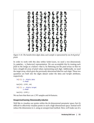 Figure 5-18. The handwritten digits data; each sample is represented by one 8×8 grid of
pixels
In order to work with this data within Scikit-Learn, we need a two-dimensional,
[n_samples, n_features] representation. We can accomplish this by treating each
pixel in the image as a feature—that is, by flattening out the pixel arrays so that we
have a length-64 array of pixel values representing each digit. Additionally, we need
the target array, which gives the previously determined label for each digit. These two
quantities are built into the digits dataset under the data and target attributes,
respectively:
In[24]: X = digits.data
X.shape
Out[24]: (1797, 64)
In[25]: y = digits.target
y.shape
Out[25]: (1797,)
We see here that there are 1,797 samples and 64 features.
Unsupervised learning: Dimensionality reduction
We’d like to visualize our points within the 64-dimensional parameter space, but it’s
difficult to effectively visualize points in such a high-dimensional space. Instead we’ll
reduce the dimensions to 2, using an unsupervised method. Here, we’ll make use of a
Introducing Scikit-Learn | 355
 