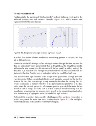 The bias–variance trade-off
Fundamentally, the question of “the best model” is about finding a sweet spot in the
trade-off between bias and variance. Consider Figure 5-24, which presents two
regression fits to the same dataset.
Figure 5-24. A high-bias and high-variance regression model
It is clear that neither of these models is a particularly good fit to the data, but they
fail in different ways.
The model on the left attempts to find a straight-line fit through the data. Because the
data are intrinsically more complicated than a straight line, the straight-line model
will never be able to describe this dataset well. Such a model is said to underfit the
data; that is, it does not have enough model flexibility to suitably account for all the
features in the data. Another way of saying this is that the model has high bias.
The model on the right attempts to fit a high-order polynomial through the data.
Here the model fit has enough flexibility to nearly perfectly account for the fine fea‐
tures in the data, but even though it very accurately describes the training data, its
precise form seems to be more reflective of the particular noise properties of the data
rather than the intrinsic properties of whatever process generated that data. Such a
model is said to overfit the data; that is, it has so much model flexibility that the
model ends up accounting for random errors as well as the underlying data distribu‐
tion. Another way of saying this is that the model has high variance.
To look at this in another light, consider what happens if we use these two models to
predict the y-value for some new data. In diagrams in Figure 5-25, the red/lighter
points indicate data that is omitted from the training set.
364 | Chapter 5: Machine Learning
 