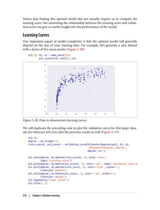 Notice that finding this optimal model did not actually require us to compute the
training score, but examining the relationship between the training score and valida‐
tion score can give us useful insight into the performance of the model.
Learning Curves
One important aspect of model complexity is that the optimal model will generally
depend on the size of your training data. For example, let’s generate a new dataset
with a factor of five more points (Figure 5-30):
In[15]: X2, y2 = make_data(200)
plt.scatter(X2.ravel(), y2);
Figure 5-30. Data to demonstrate learning curves
We will duplicate the preceding code to plot the validation curve for this larger data‐
set; for reference let’s over-plot the previous results as well (Figure 5-31):
In[16]:
degree = np.arange(21)
train_score2, val_score2 = validation_curve(PolynomialRegression(), X2, y2,
'polynomialfeatures__degree',
degree, cv=7)
plt.plot(degree, np.median(train_score2, 1), color='blue',
label='training score')
plt.plot(degree, np.median(val_score2, 1), color='red', label='validation score')
plt.plot(degree, np.median(train_score, 1), color='blue', alpha=0.3,
linestyle='dashed')
plt.plot(degree, np.median(val_score, 1), color='red', alpha=0.3,
linestyle='dashed')
plt.legend(loc='lower center')
plt.ylim(0, 1)
370 | Chapter 5: Machine Learning
 