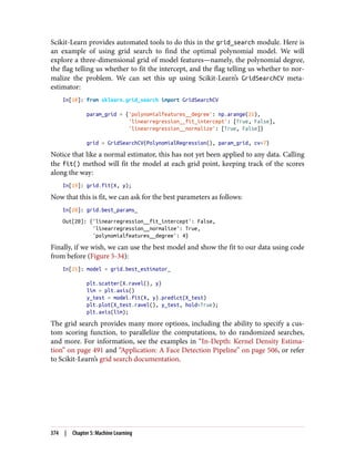 Scikit-Learn provides automated tools to do this in the grid_search module. Here is
an example of using grid search to find the optimal polynomial model. We will
explore a three-dimensional grid of model features—namely, the polynomial degree,
the flag telling us whether to fit the intercept, and the flag telling us whether to nor‐
malize the problem. We can set this up using Scikit-Learn’s GridSearchCV meta-
estimator:
In[18]: from sklearn.grid_search import GridSearchCV
param_grid = {'polynomialfeatures__degree': np.arange(21),
'linearregression__fit_intercept': [True, False],
'linearregression__normalize': [True, False]}
grid = GridSearchCV(PolynomialRegression(), param_grid, cv=7)
Notice that like a normal estimator, this has not yet been applied to any data. Calling
the fit() method will fit the model at each grid point, keeping track of the scores
along the way:
In[19]: grid.fit(X, y);
Now that this is fit, we can ask for the best parameters as follows:
In[20]: grid.best_params_
Out[20]: {'linearregression__fit_intercept': False,
'linearregression__normalize': True,
'polynomialfeatures__degree': 4}
Finally, if we wish, we can use the best model and show the fit to our data using code
from before (Figure 5-34):
In[21]: model = grid.best_estimator_
plt.scatter(X.ravel(), y)
lim = plt.axis()
y_test = model.fit(X, y).predict(X_test)
plt.plot(X_test.ravel(), y_test, hold=True);
plt.axis(lim);
The grid search provides many more options, including the ability to specify a cus‐
tom scoring function, to parallelize the computations, to do randomized searches,
and more. For information, see the examples in “In-Depth: Kernel Density Estima‐
tion” on page 491 and “Application: A Face Detection Pipeline” on page 506, or refer
to Scikit-Learn’s grid search documentation.
374 | Chapter 5: Machine Learning
 