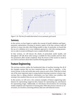 Figure 5-34. The best-fit model determined via an automatic grid-search
Summary
In this section, we have begun to explore the concept of model validation and hyper‐
parameter optimization, focusing on intuitive aspects of the bias–variance trade-off
and how it comes into play when fitting models to data. In particular, we found that
the use of a validation set or cross-validation approach is vital when tuning parame‐
ters in order to avoid overfitting for more complex/flexible models.
In later sections, we will discuss the details of particularly useful models, and
throughout will talk about what tuning is available for these models and how these
free parameters affect model complexity. Keep the lessons of this section in mind as
you read on and learn about these machine learning approaches!
Feature Engineering
The previous sections outline the fundamental ideas of machine learning, but all of
the examples assume that you have numerical data in a tidy, [n_samples, n_fea
tures] format. In the real world, data rarely comes in such a form. With this in mind,
one of the more important steps in using machine learning in practice is feature engi‐
neering—that is, taking whatever information you have about your problem and
turning it into numbers that you can use to build your feature matrix.
In this section, we will cover a few common examples of feature engineering tasks:
features for representing categorical data, features for representing text, and features
for representing images. Additionally, we will discuss derived features for increasing
model complexity and imputation of missing data. Often this process is known as vec‐
torization, as it involves converting arbitrary data into well-behaved vectors.
Feature Engineering | 375
 