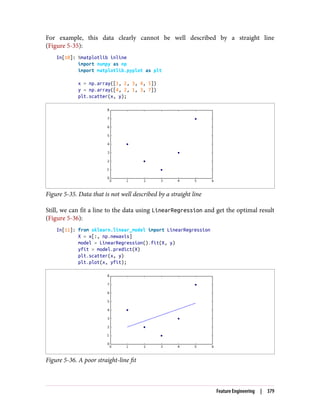 For example, this data clearly cannot be well described by a straight line
(Figure 5-35):
In[10]: %matplotlib inline
import numpy as np
import matplotlib.pyplot as plt
x = np.array([1, 2, 3, 4, 5])
y = np.array([4, 2, 1, 3, 7])
plt.scatter(x, y);
Figure 5-35. Data that is not well described by a straight line
Still, we can fit a line to the data using LinearRegression and get the optimal result
(Figure 5-36):
In[11]: from sklearn.linear_model import LinearRegression
X = x[:, np.newaxis]
model = LinearRegression().fit(X, y)
yfit = model.predict(X)
plt.scatter(x, y)
plt.plot(x, yfit);
Figure 5-36. A poor straight-line fit
Feature Engineering | 379
 