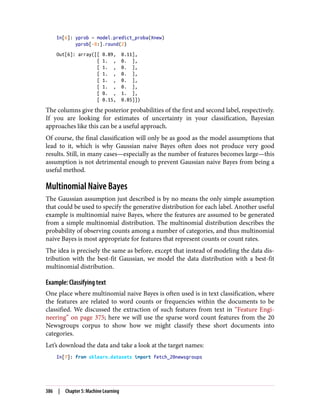 In[6]: yprob = model.predict_proba(Xnew)
yprob[-8:].round(2)
Out[6]: array([[ 0.89, 0.11],
[ 1. , 0. ],
[ 1. , 0. ],
[ 1. , 0. ],
[ 1. , 0. ],
[ 1. , 0. ],
[ 0. , 1. ],
[ 0.15, 0.85]])
The columns give the posterior probabilities of the first and second label, respectively.
If you are looking for estimates of uncertainty in your classification, Bayesian
approaches like this can be a useful approach.
Of course, the final classification will only be as good as the model assumptions that
lead to it, which is why Gaussian naive Bayes often does not produce very good
results. Still, in many cases—especially as the number of features becomes large—this
assumption is not detrimental enough to prevent Gaussian naive Bayes from being a
useful method.
Multinomial Naive Bayes
The Gaussian assumption just described is by no means the only simple assumption
that could be used to specify the generative distribution for each label. Another useful
example is multinomial naive Bayes, where the features are assumed to be generated
from a simple multinomial distribution. The multinomial distribution describes the
probability of observing counts among a number of categories, and thus multinomial
naive Bayes is most appropriate for features that represent counts or count rates.
The idea is precisely the same as before, except that instead of modeling the data dis‐
tribution with the best-fit Gaussian, we model the data distribution with a best-fit
multinomial distribution.
Example: Classifying text
One place where multinomial naive Bayes is often used is in text classification, where
the features are related to word counts or frequencies within the documents to be
classified. We discussed the extraction of such features from text in “Feature Engi‐
neering” on page 375; here we will use the sparse word count features from the 20
Newsgroups corpus to show how we might classify these short documents into
categories.
Let’s download the data and take a look at the target names:
In[7]: from sklearn.datasets import fetch_20newsgroups
386 | Chapter 5: Machine Learning
 