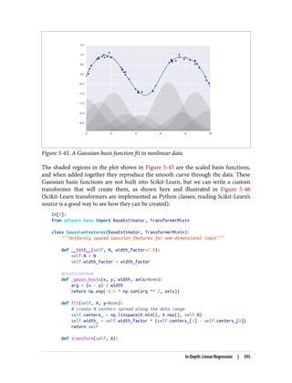 Figure 5-45. A Gaussian basis function fit to nonlinear data
The shaded regions in the plot shown in Figure 5-45 are the scaled basis functions,
and when added together they reproduce the smooth curve through the data. These
Gaussian basis functions are not built into Scikit-Learn, but we can write a custom
transformer that will create them, as shown here and illustrated in Figure 5-46
(Scikit-Learn transformers are implemented as Python classes; reading Scikit-Learn’s
source is a good way to see how they can be created):
In[9]:
from sklearn.base import BaseEstimator, TransformerMixin
class GaussianFeatures(BaseEstimator, TransformerMixin):
"""Uniformly spaced Gaussian features for one-dimensional input"""
def __init__(self, N, width_factor=2.0):
self.N = N
self.width_factor = width_factor
@staticmethod
def _gauss_basis(x, y, width, axis=None):
arg = (x - y) / width
return np.exp(-0.5 * np.sum(arg ** 2, axis))
def fit(self, X, y=None):
# create N centers spread along the data range
self.centers_ = np.linspace(X.min(), X.max(), self.N)
self.width_ = self.width_factor * (self.centers_[1] - self.centers_[0])
return self
def transform(self, X):
In Depth: Linear Regression | 395
 