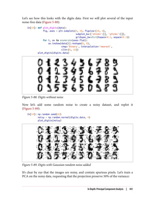 Let’s see how this looks with the digits data. First we will plot several of the input
noise-free data (Figure 5-88):
In[13]: def plot_digits(data):
fig, axes = plt.subplots(4, 10, figsize=(10, 4),
subplot_kw={'xticks':[], 'yticks':[]},
gridspec_kw=dict(hspace=0.1, wspace=0.1))
for i, ax in enumerate(axes.flat):
ax.imshow(data[i].reshape(8, 8),
cmap='binary', interpolation='nearest',
clim=(0, 16))
plot_digits(digits.data)
Figure 5-88. Digits without noise
Now let’s add some random noise to create a noisy dataset, and replot it
(Figure 5-89):
In[14]: np.random.seed(42)
noisy = np.random.normal(digits.data, 4)
plot_digits(noisy)
Figure 5-89. Digits with Gaussian random noise added
It’s clear by eye that the images are noisy, and contain spurious pixels. Let’s train a
PCA on the noisy data, requesting that the projection preserve 50% of the variance:
In Depth: Principal Component Analysis | 441
 