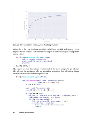 Figure 5-105. Cumulative variance from the PCA projection
When this is the case, nonlinear manifold embeddings like LLE and Isomap can be
helpful. We can compute an Isomap embedding on these faces using the same pattern
shown before:
In[19]: from sklearn.manifold import Isomap
model = Isomap(n_components=2)
proj = model.fit_transform(faces.data)
proj.shape
Out[19]: (2370, 2)
The output is a two-dimensional projection of all the input images. To get a better
idea of what the projection tells us, let’s define a function that will output image
thumbnails at the locations of the projections:
In[20]: from matplotlib import offsetbox
def plot_components(data, model, images=None, ax=None,
thumb_frac=0.05, cmap='gray'):
ax = ax or plt.gca()
proj = model.fit_transform(data)
ax.plot(proj[:, 0], proj[:, 1], '.k')
if images is not None:
min_dist_2 = (thumb_frac * max(proj.max(0) - proj.min(0))) ** 2
shown_images = np.array([2 * proj.max(0)])
for i in range(data.shape[0]):
dist = np.sum((proj[i] - shown_images) ** 2, 1)
if np.min(dist) < min_dist_2:
# don't show points that are too close
continue
458 | Chapter 5: Machine Learning
 