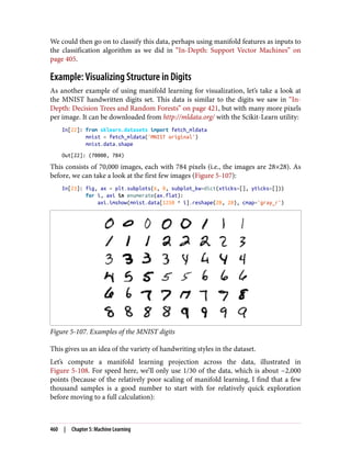 We could then go on to classify this data, perhaps using manifold features as inputs to
the classification algorithm as we did in “In-Depth: Support Vector Machines” on
page 405.
Example: Visualizing Structure in Digits
As another example of using manifold learning for visualization, let’s take a look at
the MNIST handwritten digits set. This data is similar to the digits we saw in “In-
Depth: Decision Trees and Random Forests” on page 421, but with many more pixels
per image. It can be downloaded from http://mldata.org/ with the Scikit-Learn utility:
In[22]: from sklearn.datasets import fetch_mldata
mnist = fetch_mldata('MNIST original')
mnist.data.shape
Out[22]: (70000, 784)
This consists of 70,000 images, each with 784 pixels (i.e., the images are 28×28). As
before, we can take a look at the first few images (Figure 5-107):
In[23]: fig, ax = plt.subplots(6, 8, subplot_kw=dict(xticks=[], yticks=[]))
for i, axi in enumerate(ax.flat):
axi.imshow(mnist.data[1250 * i].reshape(28, 28), cmap='gray_r')
Figure 5-107. Examples of the MNIST digits
This gives us an idea of the variety of handwriting styles in the dataset.
Let’s compute a manifold learning projection across the data, illustrated in
Figure 5-108. For speed here, we’ll only use 1/30 of the data, which is about ~2,000
points (because of the relatively poor scaling of manifold learning, I find that a few
thousand samples is a good number to start with for relatively quick exploration
before moving to a full calculation):
460 | Chapter 5: Machine Learning
 