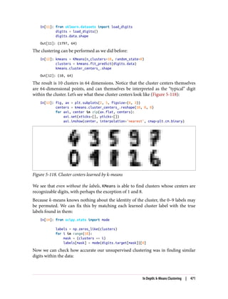 In[11]: from sklearn.datasets import load_digits
digits = load_digits()
digits.data.shape
Out[11]: (1797, 64)
The clustering can be performed as we did before:
In[12]: kmeans = KMeans(n_clusters=10, random_state=0)
clusters = kmeans.fit_predict(digits.data)
kmeans.cluster_centers_.shape
Out[12]: (10, 64)
The result is 10 clusters in 64 dimensions. Notice that the cluster centers themselves
are 64-dimensional points, and can themselves be interpreted as the “typical” digit
within the cluster. Let’s see what these cluster centers look like (Figure 5-118):
In[13]: fig, ax = plt.subplots(2, 5, figsize=(8, 3))
centers = kmeans.cluster_centers_.reshape(10, 8, 8)
for axi, center in zip(ax.flat, centers):
axi.set(xticks=[], yticks=[])
axi.imshow(center, interpolation='nearest', cmap=plt.cm.binary)
Figure 5-118. Cluster centers learned by k-means
We see that even without the labels, KMeans is able to find clusters whose centers are
recognizable digits, with perhaps the exception of 1 and 8.
Because k-means knows nothing about the identity of the cluster, the 0–9 labels may
be permuted. We can fix this by matching each learned cluster label with the true
labels found in them:
In[14]: from scipy.stats import mode
labels = np.zeros_like(clusters)
for i in range(10):
mask = (clusters == i)
labels[mask] = mode(digits.target[mask])[0]
Now we can check how accurate our unsupervised clustering was in finding similar
digits within the data:
In Depth: k-Means Clustering | 471
 