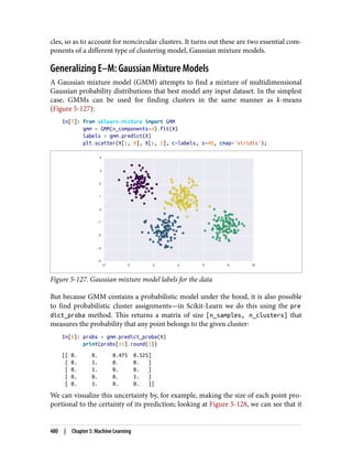 cles, so as to account for noncircular clusters. It turns out these are two essential com‐
ponents of a different type of clustering model, Gaussian mixture models.
Generalizing E–M: Gaussian Mixture Models
A Gaussian mixture model (GMM) attempts to find a mixture of multidimensional
Gaussian probability distributions that best model any input dataset. In the simplest
case, GMMs can be used for finding clusters in the same manner as k-means
(Figure 5-127):
In[7]: from sklearn.mixture import GMM
gmm = GMM(n_components=4).fit(X)
labels = gmm.predict(X)
plt.scatter(X[:, 0], X[:, 1], c=labels, s=40, cmap='viridis');
Figure 5-127. Gaussian mixture model labels for the data
But because GMM contains a probabilistic model under the hood, it is also possible
to find probabilistic cluster assignments—in Scikit-Learn we do this using the pre
dict_proba method. This returns a matrix of size [n_samples, n_clusters] that
measures the probability that any point belongs to the given cluster:
In[8]: probs = gmm.predict_proba(X)
print(probs[:5].round(3))
[[ 0. 0. 0.475 0.525]
[ 0. 1. 0. 0. ]
[ 0. 1. 0. 0. ]
[ 0. 0. 0. 1. ]
[ 0. 1. 0. 0. ]]
We can visualize this uncertainty by, for example, making the size of each point pro‐
portional to the certainty of its prediction; looking at Figure 5-128, we can see that it
480 | Chapter 5: Machine Learning
 
