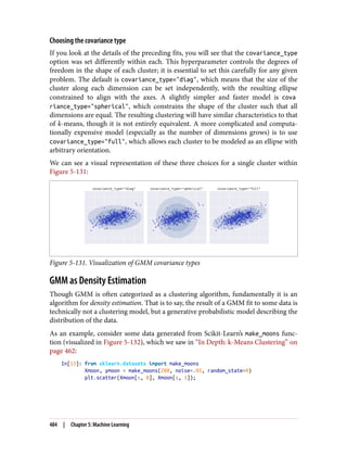 Choosing the covariance type
If you look at the details of the preceding fits, you will see that the covariance_type
option was set differently within each. This hyperparameter controls the degrees of
freedom in the shape of each cluster; it is essential to set this carefully for any given
problem. The default is covariance_type="diag", which means that the size of the
cluster along each dimension can be set independently, with the resulting ellipse
constrained to align with the axes. A slightly simpler and faster model is cova
riance_type="spherical", which constrains the shape of the cluster such that all
dimensions are equal. The resulting clustering will have similar characteristics to that
of k-means, though it is not entirely equivalent. A more complicated and computa‐
tionally expensive model (especially as the number of dimensions grows) is to use
covariance_type="full", which allows each cluster to be modeled as an ellipse with
arbitrary orientation.
We can see a visual representation of these three choices for a single cluster within
Figure 5-131:
Figure 5-131. Visualization of GMM covariance types
GMM as Density Estimation
Though GMM is often categorized as a clustering algorithm, fundamentally it is an
algorithm for density estimation. That is to say, the result of a GMM fit to some data is
technically not a clustering model, but a generative probabilistic model describing the
distribution of the data.
As an example, consider some data generated from Scikit-Learn’s make_moons func‐
tion (visualized in Figure 5-132), which we saw in “In Depth: k-Means Clustering” on
page 462:
In[13]: from sklearn.datasets import make_moons
Xmoon, ymoon = make_moons(200, noise=.05, random_state=0)
plt.scatter(Xmoon[:, 0], Xmoon[:, 1]);
484 | Chapter 5: Machine Learning
 