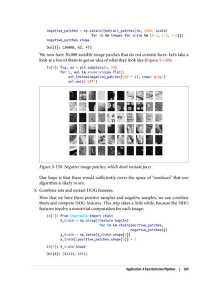 negative_patches = np.vstack([extract_patches(im, 1000, scale)
for im in images for scale in [0.5, 1.0, 2.0]])
negative_patches.shape
Out[5]: (30000, 62, 47)
We now have 30,000 suitable image patches that do not contain faces. Let’s take a
look at a few of them to get an idea of what they look like (Figure 5-150):
In[6]: fig, ax = plt.subplots(6, 10)
for i, axi in enumerate(ax.flat):
axi.imshow(negative_patches[500 * i], cmap='gray')
axi.axis('off')
Figure 5-150. Negative image patches, which don’t include faces
Our hope is that these would sufficiently cover the space of “nonfaces” that our
algorithm is likely to see.
3. Combine sets and extract HOG features.
Now that we have these positive samples and negative samples, we can combine
them and compute HOG features. This step takes a little while, because the HOG
features involve a nontrivial computation for each image:
In[7]: from itertools import chain
X_train = np.array([feature.hog(im)
for im in chain(positive_patches,
negative_patches)])
y_train = np.zeros(X_train.shape[0])
y_train[:positive_patches.shape[0]] = 1
In[8]: X_train.shape
Out[8]: (43233, 1215)
Application: A Face Detection Pipeline | 509
 
