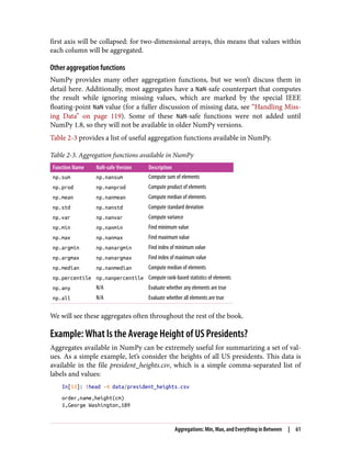first axis will be collapsed: for two-dimensional arrays, this means that values within
each column will be aggregated.
Other aggregation functions
NumPy provides many other aggregation functions, but we won’t discuss them in
detail here. Additionally, most aggregates have a NaN-safe counterpart that computes
the result while ignoring missing values, which are marked by the special IEEE
floating-point NaN value (for a fuller discussion of missing data, see “Handling Miss‐
ing Data” on page 119). Some of these NaN-safe functions were not added until
NumPy 1.8, so they will not be available in older NumPy versions.
Table 2-3 provides a list of useful aggregation functions available in NumPy.
Table 2-3. Aggregation functions available in NumPy
Function Name NaN-safe Version Description
np.sum np.nansum Compute sum of elements
np.prod np.nanprod Compute product of elements
np.mean np.nanmean Compute median of elements
np.std np.nanstd Compute standard deviation
np.var np.nanvar Compute variance
np.min np.nanmin Find minimum value
np.max np.nanmax Find maximum value
np.argmin np.nanargmin Find index of minimum value
np.argmax np.nanargmax Find index of maximum value
np.median np.nanmedian Compute median of elements
np.percentile np.nanpercentile Compute rank-based statistics of elements
np.any N/A Evaluate whether any elements are true
np.all N/A Evaluate whether all elements are true
We will see these aggregates often throughout the rest of the book.
Example: What Is the Average Height of US Presidents?
Aggregates available in NumPy can be extremely useful for summarizing a set of val‐
ues. As a simple example, let’s consider the heights of all US presidents. This data is
available in the file president_heights.csv, which is a simple comma-separated list of
labels and values:
In[13]: !head -4 data/president_heights.csv
order,name,height(cm)
1,George Washington,189
Aggregations: Min, Max, and Everything in Between | 61
 