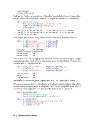 2,John Adams,170
3,Thomas Jefferson,189
We’ll use the Pandas package, which we’ll explore more fully in Chapter 3, to read the
file and extract this information (note that the heights are measured in centimeters):
In[14]: import pandas as pd
data = pd.read_csv('data/president_heights.csv')
heights = np.array(data['height(cm)'])
print(heights)
[189 170 189 163 183 171 185 168 173 183 173 173 175 178 183 193 178 173
174 183 183 168 170 178 182 180 183 178 182 188 175 179 183 193 182 183
177 185 188 188 182 185]
Now that we have this data array, we can compute a variety of summary statistics:
In[15]: print("Mean height: ", heights.mean())
print("Standard deviation:", heights.std())
print("Minimum height: ", heights.min())
print("Maximum height: ", heights.max())
Mean height: 179.738095238
Standard deviation: 6.93184344275
Minimum height: 163
Maximum height: 193
Note that in each case, the aggregation operation reduced the entire array to a single
summarizing value, which gives us information about the distribution of values. We
may also wish to compute quantiles:
In[16]: print("25th percentile: ", np.percentile(heights, 25))
print("Median: ", np.median(heights))
print("75th percentile: ", np.percentile(heights, 75))
25th percentile: 174.25
Median: 182.0
75th percentile: 183.0
We see that the median height of US presidents is 182 cm, or just shy of six feet.
Of course, sometimes it’s more useful to see a visual representation of this data, which
we can accomplish using tools in Matplotlib (we’ll discuss Matplotlib more fully in
Chapter 4). For example, this code generates the chart shown in Figure 2-3:
In[17]: %matplotlib inline
import matplotlib.pyplot as plt
import seaborn; seaborn.set() # set plot style
In[18]: plt.hist(heights)
plt.title('Height Distribution of US Presidents')
plt.xlabel('height (cm)')
plt.ylabel('number');
62 | Chapter 2: Introduction to NumPy
 