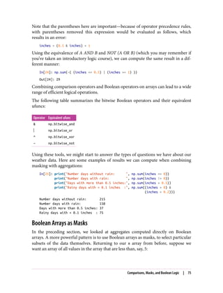 Note that the parentheses here are important—because of operator precedence rules,
with parentheses removed this expression would be evaluated as follows, which
results in an error:
inches > (0.5 & inches) < 1
Using the equivalence of A AND B and NOT (A OR B) (which you may remember if
you’ve taken an introductory logic course), we can compute the same result in a dif‐
ferent manner:
In[24]: np.sum(~( (inches <= 0.5) | (inches >= 1) ))
Out[24]: 29
Combining comparison operators and Boolean operators on arrays can lead to a wide
range of efficient logical operations.
The following table summarizes the bitwise Boolean operators and their equivalent
ufuncs:
Operator Equivalent ufunc
& np.bitwise_and
| np.bitwise_or
^ np.bitwise_xor
~ np.bitwise_not
Using these tools, we might start to answer the types of questions we have about our
weather data. Here are some examples of results we can compute when combining
masking with aggregations:
In[25]: print("Number days without rain: ", np.sum(inches == 0))
print("Number days with rain: ", np.sum(inches != 0))
print("Days with more than 0.5 inches:", np.sum(inches > 0.5))
print("Rainy days with < 0.1 inches :", np.sum((inches > 0) &
(inches < 0.2)))
Number days without rain: 215
Number days with rain: 150
Days with more than 0.5 inches: 37
Rainy days with < 0.1 inches : 75
Boolean Arrays as Masks
In the preceding section, we looked at aggregates computed directly on Boolean
arrays. A more powerful pattern is to use Boolean arrays as masks, to select particular
subsets of the data themselves. Returning to our x array from before, suppose we
want an array of all values in the array that are less than, say, 5:
Comparisons, Masks, and Boolean Logic | 75
 