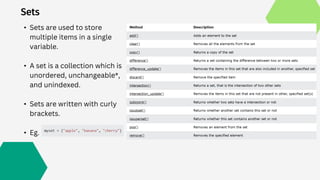 Sets
• Sets are used to store
multiple items in a single
variable.
• A set is a collection which is
unordered, unchangeable*,
and unindexed.
• Sets are written with curly
brackets.
• Eg.
 