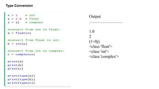 Type Conversion
Output
……………………
1.0
2
(1+0j)
<class 'float'>
<class 'int'>
<class 'complex'>
 