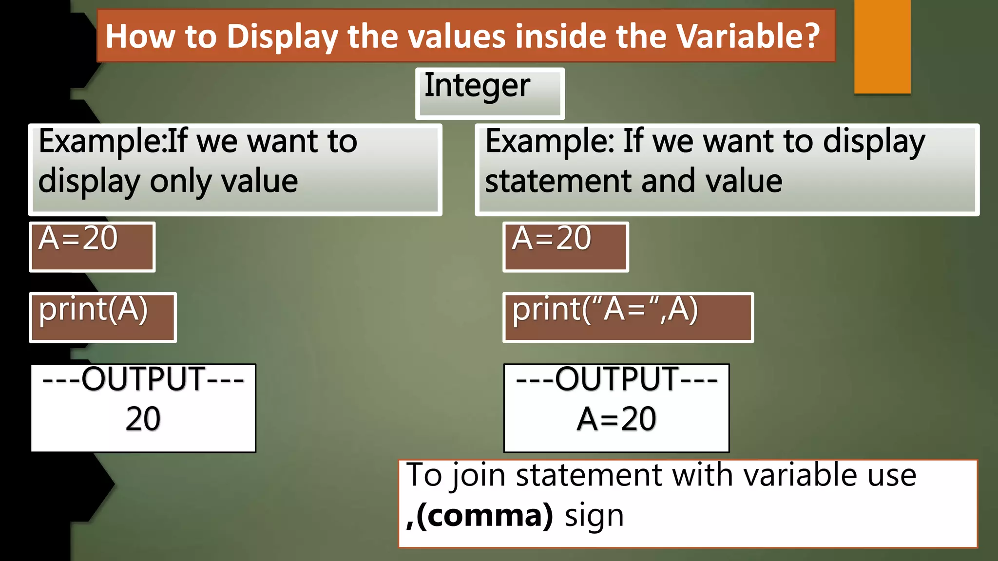 How to Display the values inside the Variable?
To join statement with variable use
,(comma) sign
 