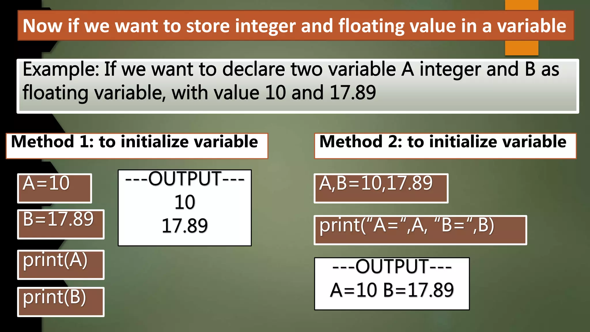 Now if we want to store integer and floating value in a variable
Method 1: to initialize variable Method 2: to initialize variable
 