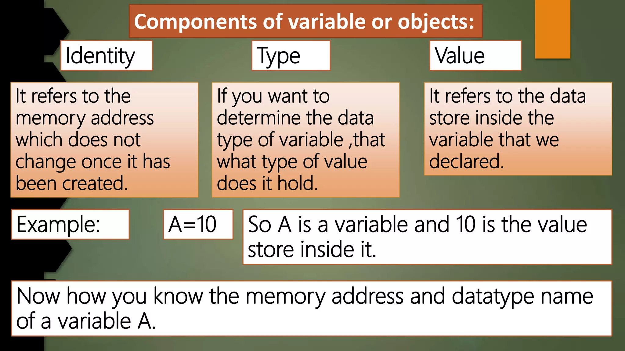 Components of variable or objects:
Identity Type Value
It refers to the
memory address
which does not
change once it has
been created.
If you want to
determine the data
type of variable ,that
what type of value
does it hold.
It refers to the data
store inside the
variable that we
declared.
Example: A=10 So A is a variable and 10 is the value
store inside it.
Now how you know the memory address and datatype name
of a variable A.
 